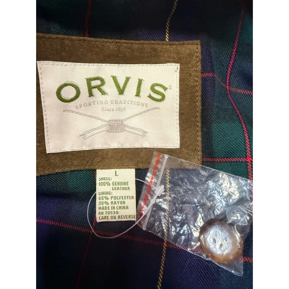 ORVIS - Men's Genuine Leather Suede Vest - Full Zip Plaid Flannel Lined - Large